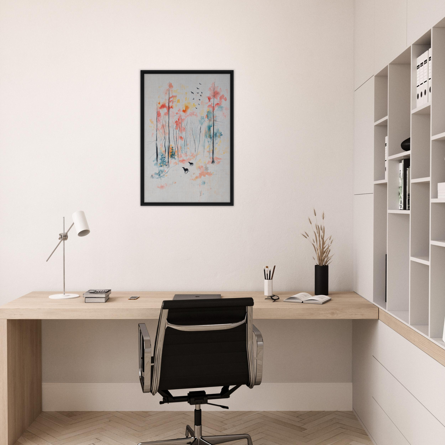 Minimalist home office featuring Whispering Autumn Reverie framed canvas print