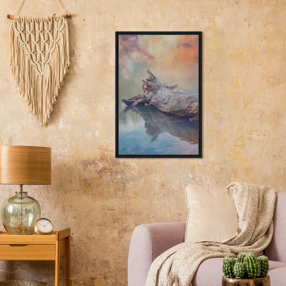 Framed canvas print of Whispering Log Solitude reflecting in calm sunset water