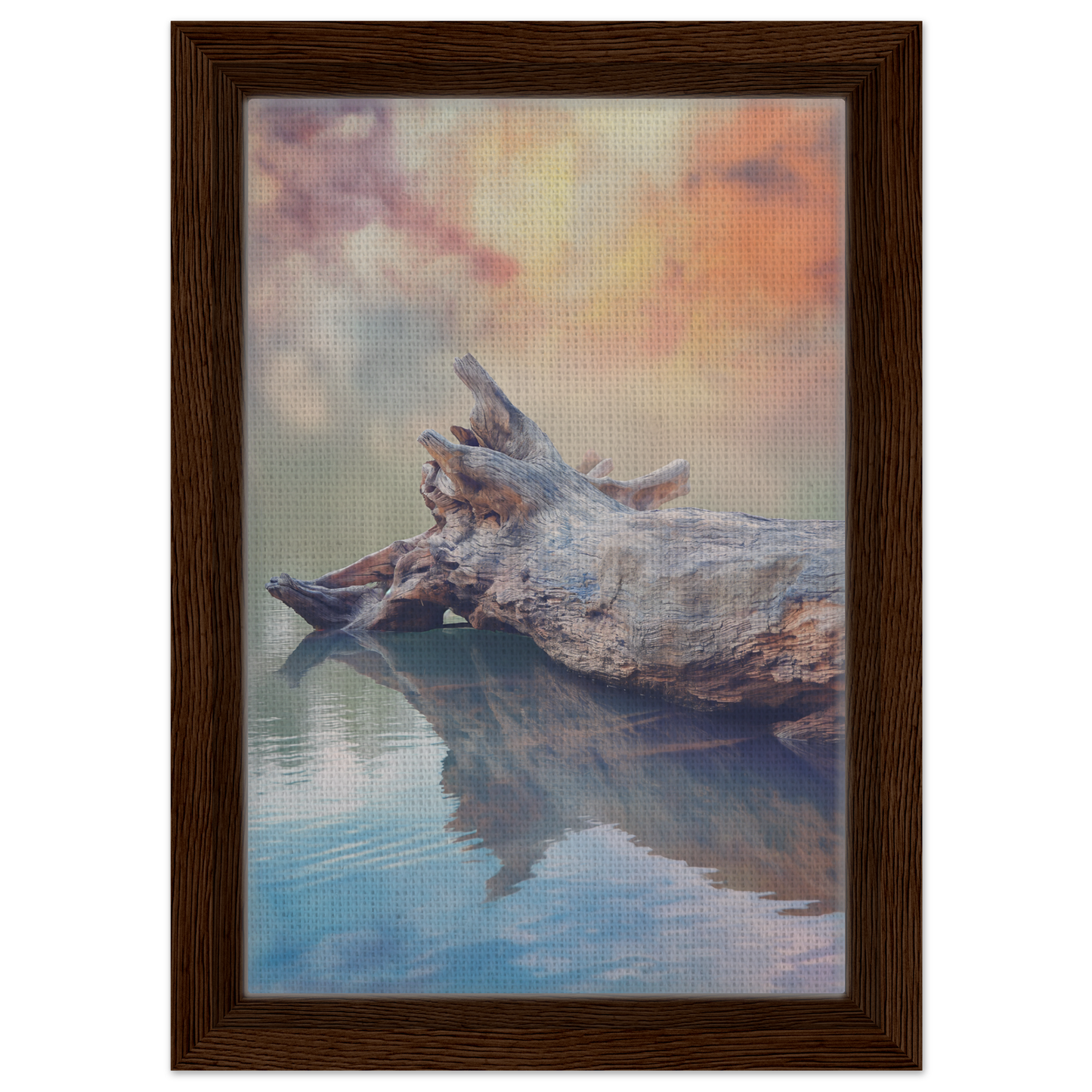 Driftwood log in reflective water depicting Whispering Log Solitude framed canvas print