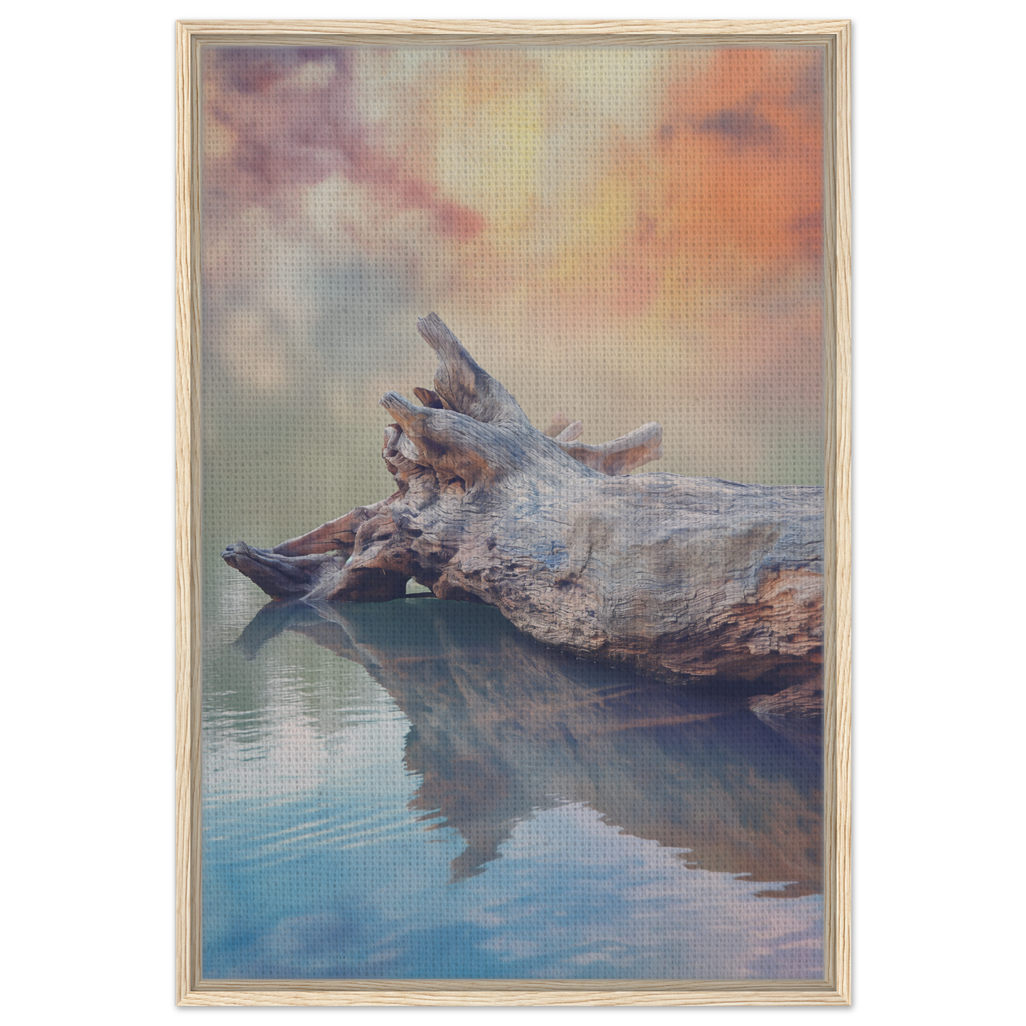 Weathered driftwood log in calm water for Whispering Log Solitude framed canvas print