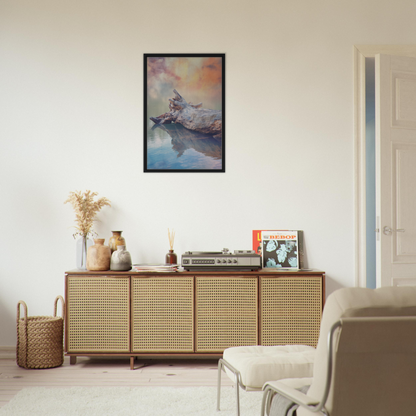 Wooden sideboard with cane-webbed doors and decor atop Whispering Log Solitude