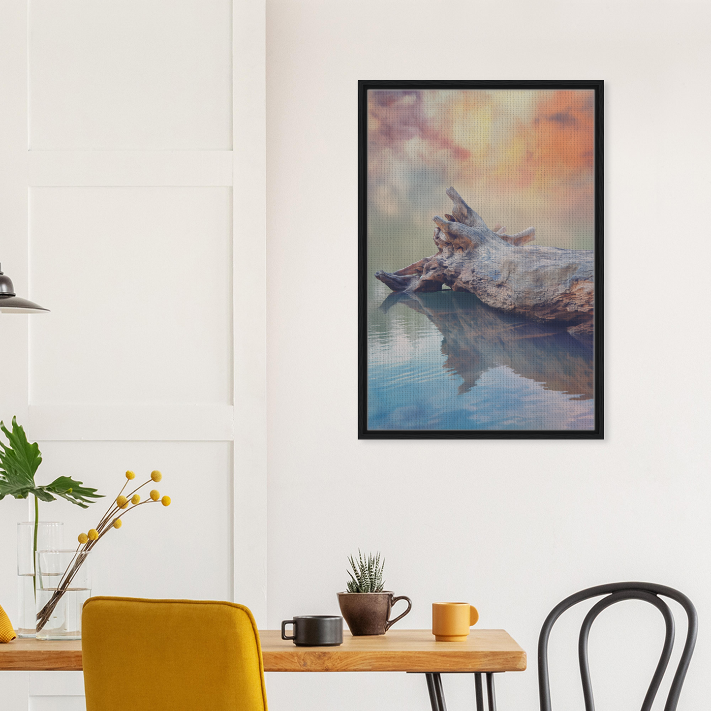 Framed artwork of a wolf-like creature in water, ideal for Whispering Log Solitude room decor