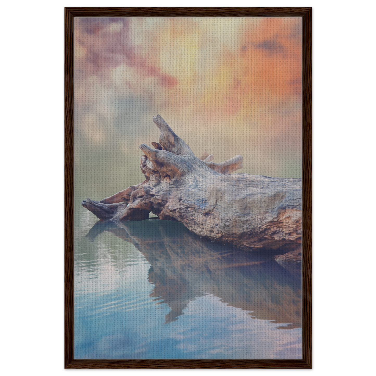 Driftwood log partially submerged in calm water for Whispering Log Solitude decor