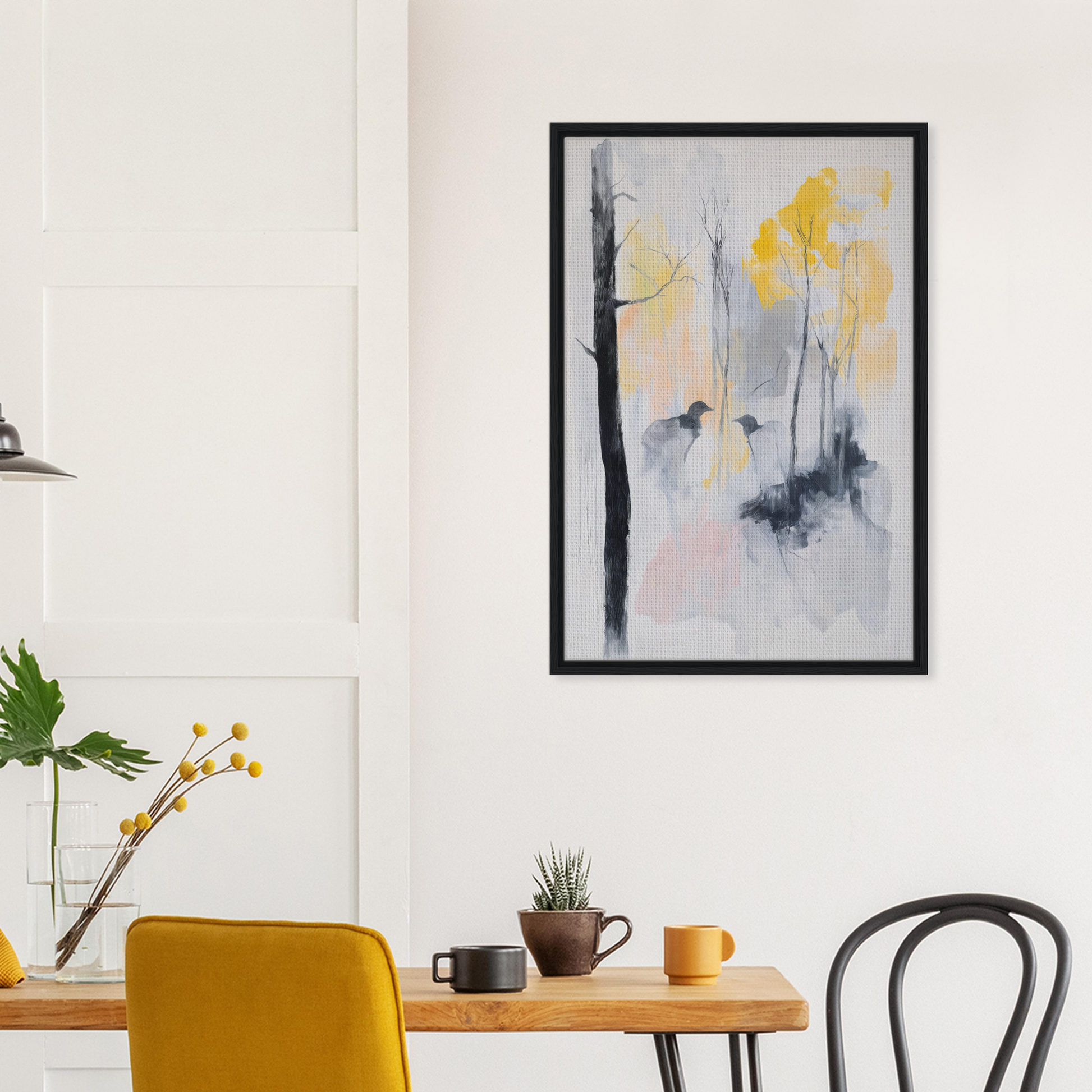 Abstract painting in yellow, gray, and black on light background, Whispering Mist Enigma framed