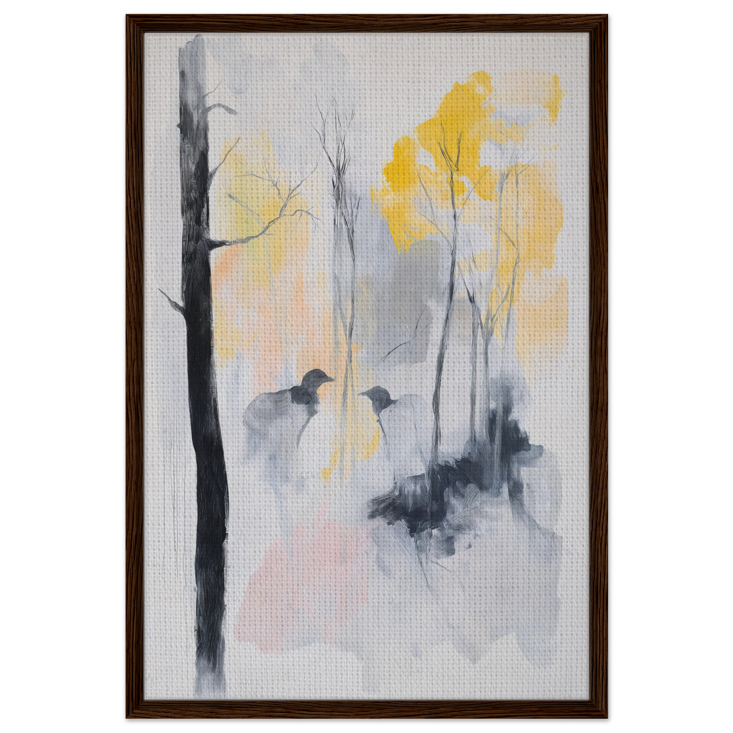 Abstract watercolor painting of trees and birds in muted colors for Whispering Mist Enigma room decor