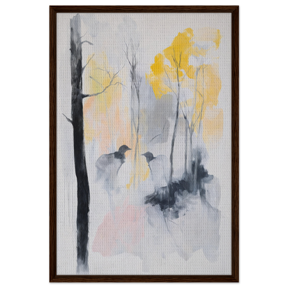 Abstract watercolor painting of trees and birds in muted colors for Whispering Mist Enigma room decor