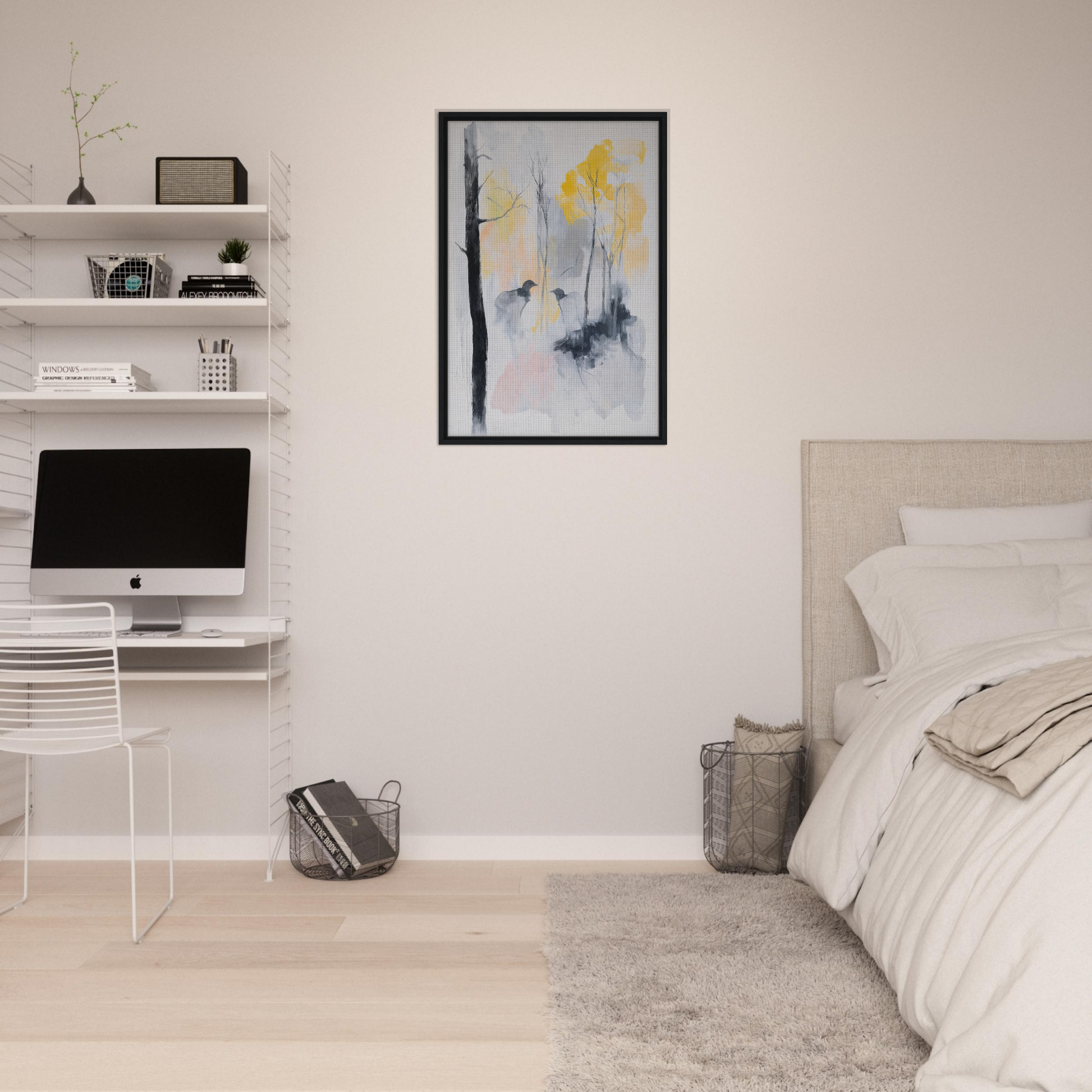 Minimalist bedroom featuring Whispering Mist Enigma framed canvas print and white walls