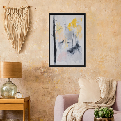 Framed abstract watercolor painting Whispering Mist Enigma with muted colors and tree forms