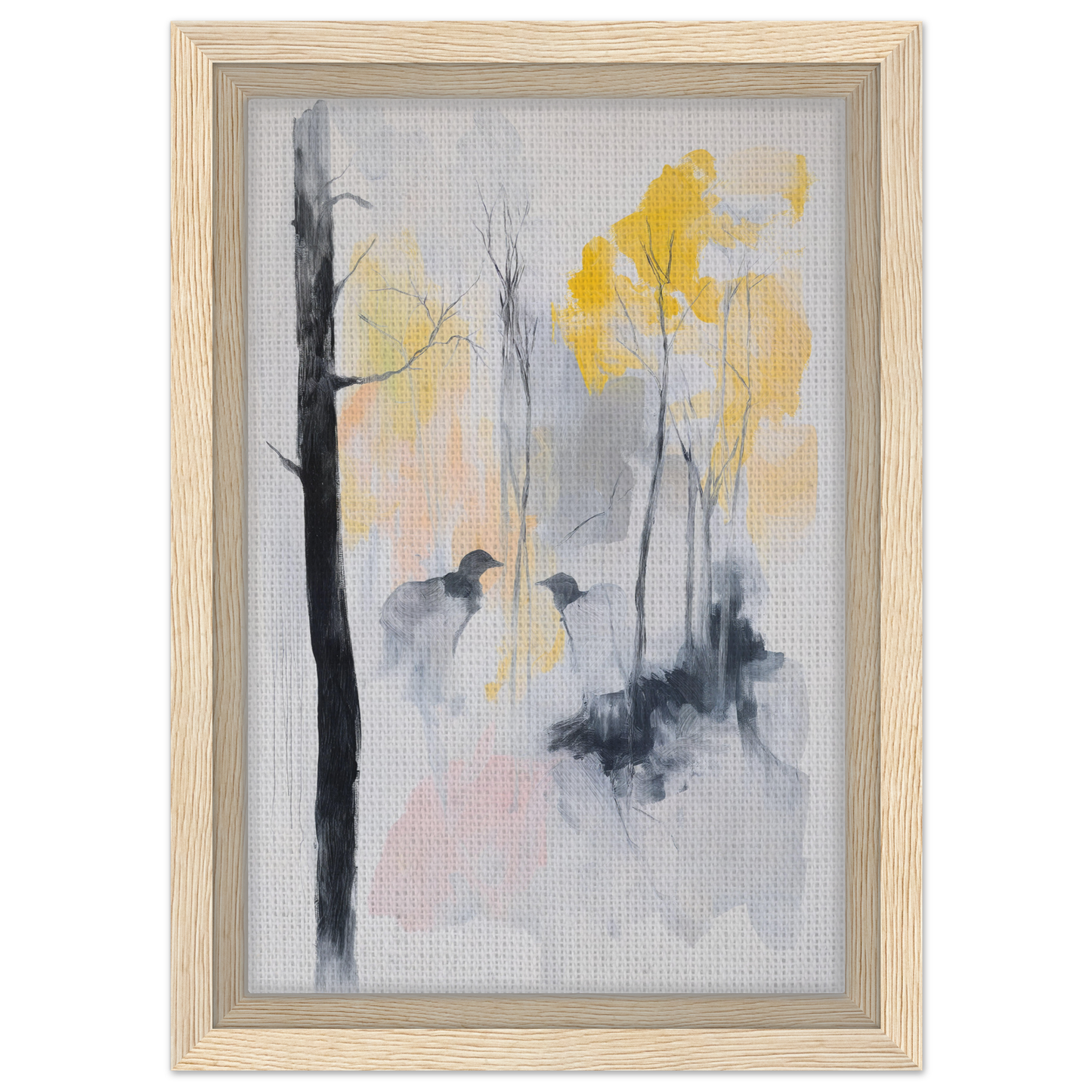 Framed watercolor painting of a misty forest in yellow foliage, Whispering Mist Enigma