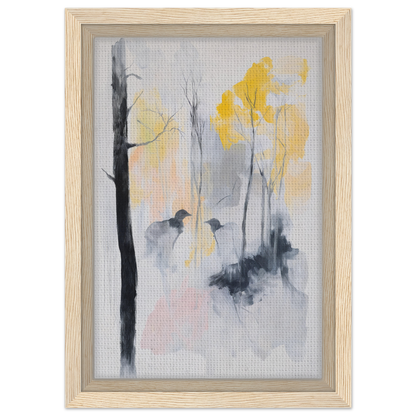 Framed watercolor painting of a misty forest in yellow foliage, Whispering Mist Enigma