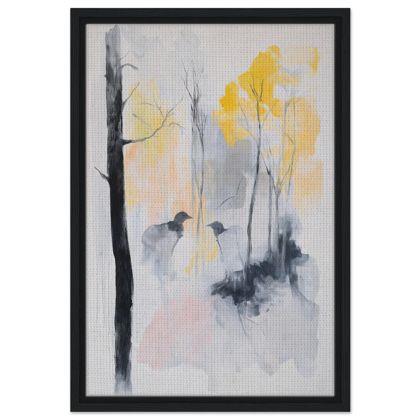 Abstract painting of misty trees with yellow foliage, showcased in Whispering Mist Enigma