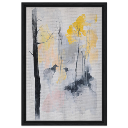 Abstract painting of misty trees with yellow foliage, showcased in Whispering Mist Enigma