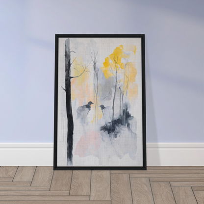 Framed abstract watercolor painting of trees and yellow foliage for Whispering Mist Enigma room decor