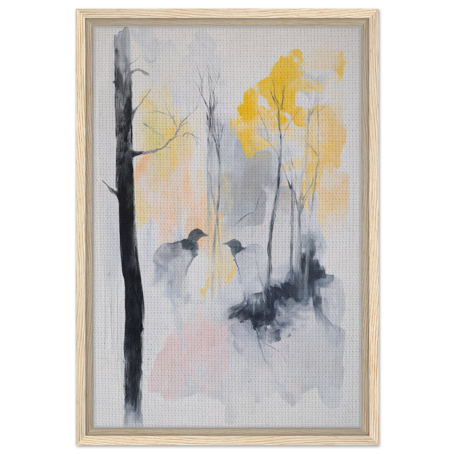 Abstract painting of misty trees with yellow foliage for Whispering Mist Enigma framed canvas print