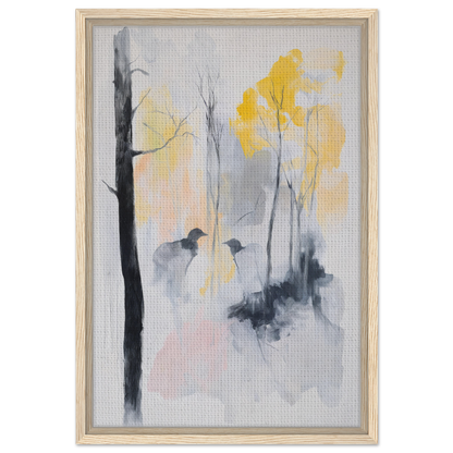 Abstract painting of misty trees with yellow foliage for Whispering Mist Enigma framed canvas print