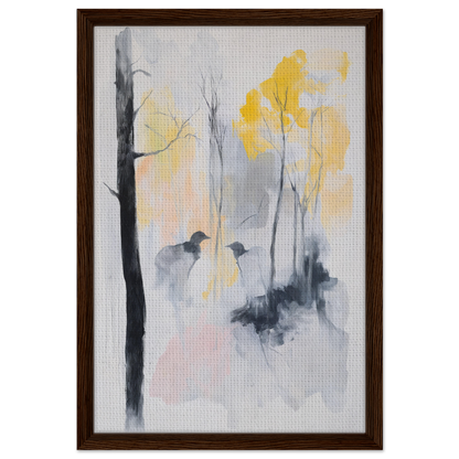 Framed canvas print of Whispering Mist Enigma featuring misty trees and yellow foliage