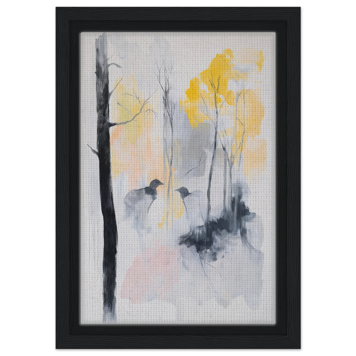 Framed abstract painting Whispering Mist Enigma in muted gray and yellow tones for room decor