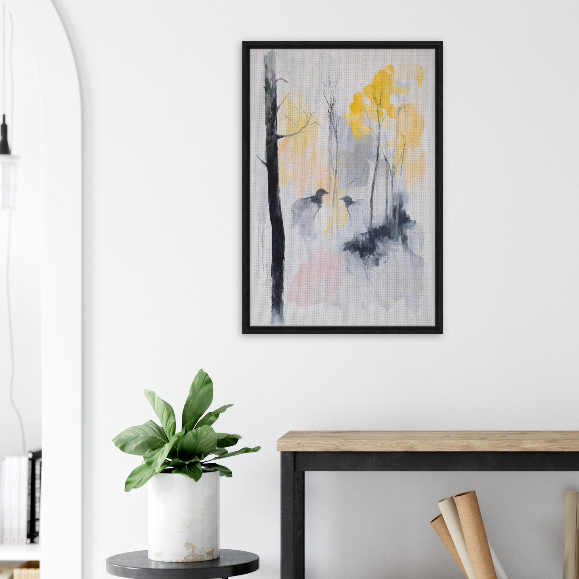 Abstract painting in soft yellow, gray, and black, part of Whispering Mist Enigma framed collection