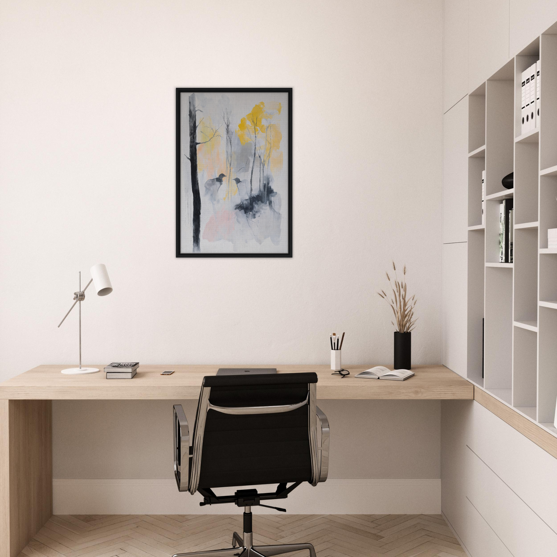 Minimalist home office with Whispering Mist Enigma wall art and stylish wooden desk