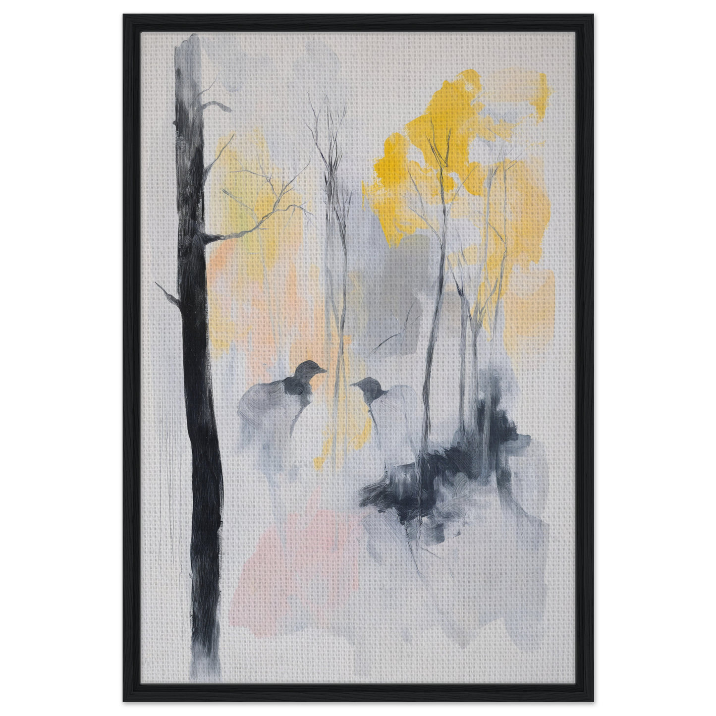 Abstract watercolor painting of trees and birds in muted colors, Whispering Mist Enigma