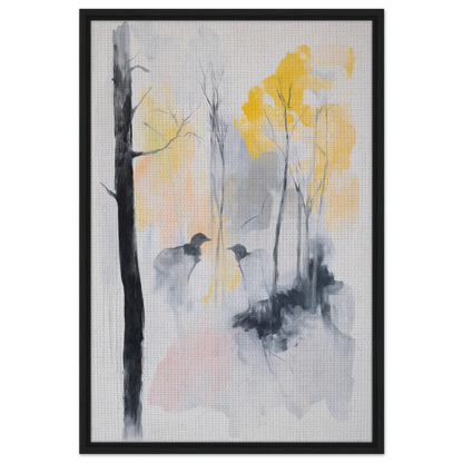 Abstract watercolor painting of trees and birds in muted colors, Whispering Mist Enigma