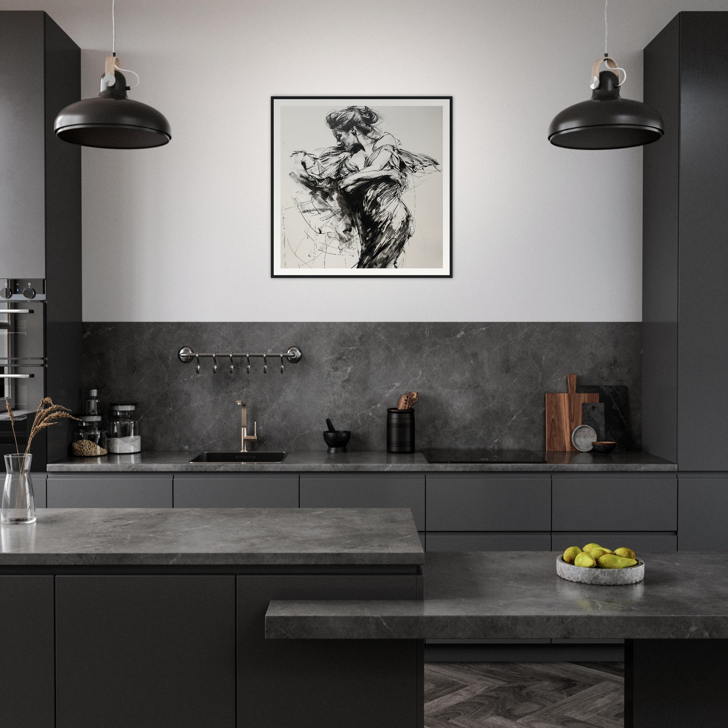 Modern dark gray kitchen with Whispering Solar Solitude and stylish black pendant lights