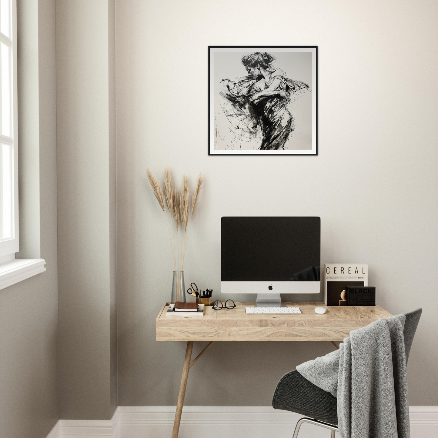 Minimalist wooden desk with iMac and pampas grass in Whispering Solar Solitude vibe