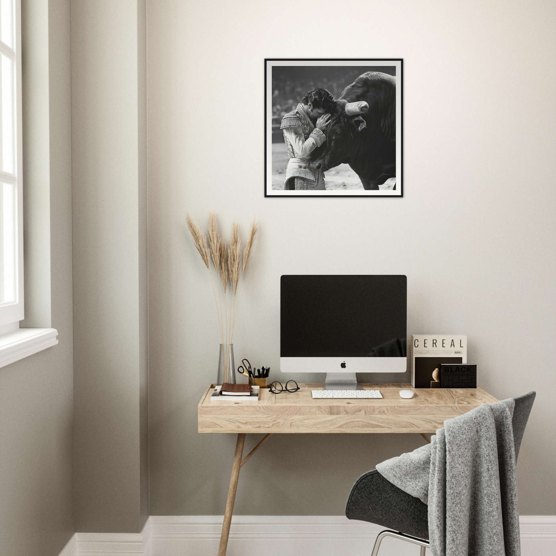 Minimalist wooden desk with iMac and accessories, perfect for Whispers of Confrontation