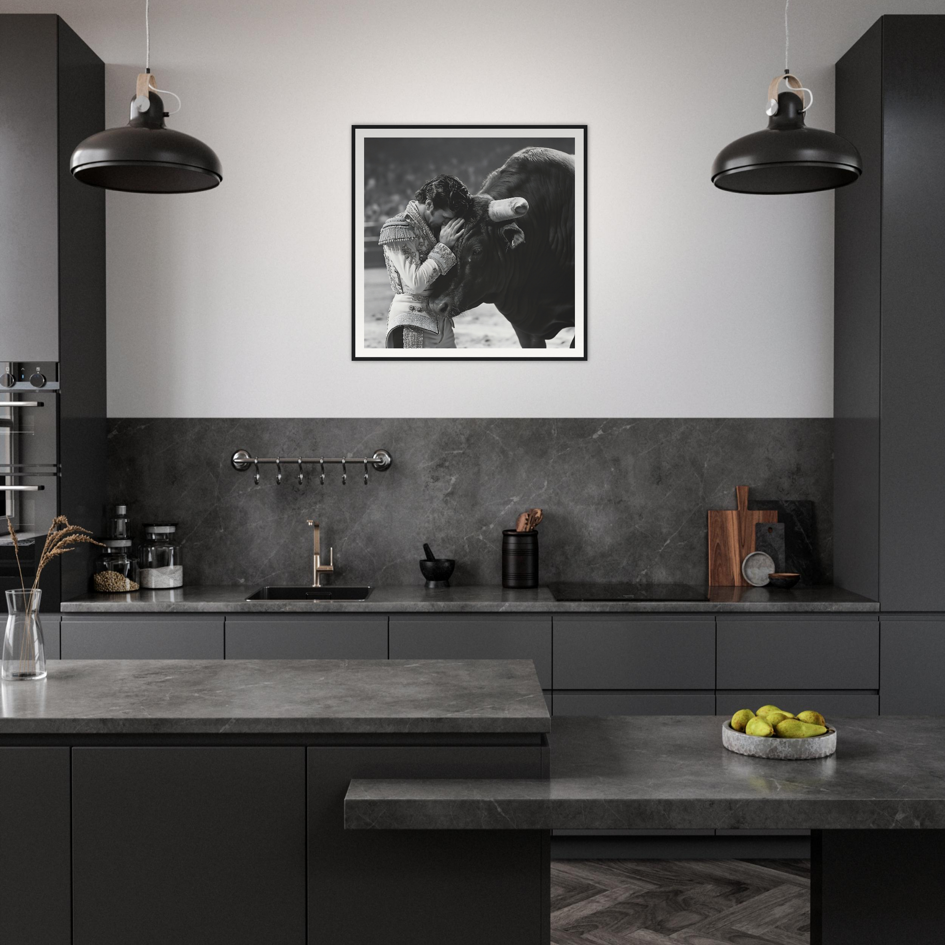 Modern dark gray kitchen featuring Whispers of Confrontation framed wall art