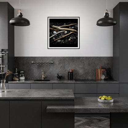 Modern dark kitchen with industrial lights, inspired by Whispers Earthward Serenade art