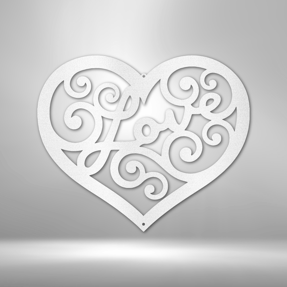 Ornate white heart-shaped design with intricate swirling patterns.