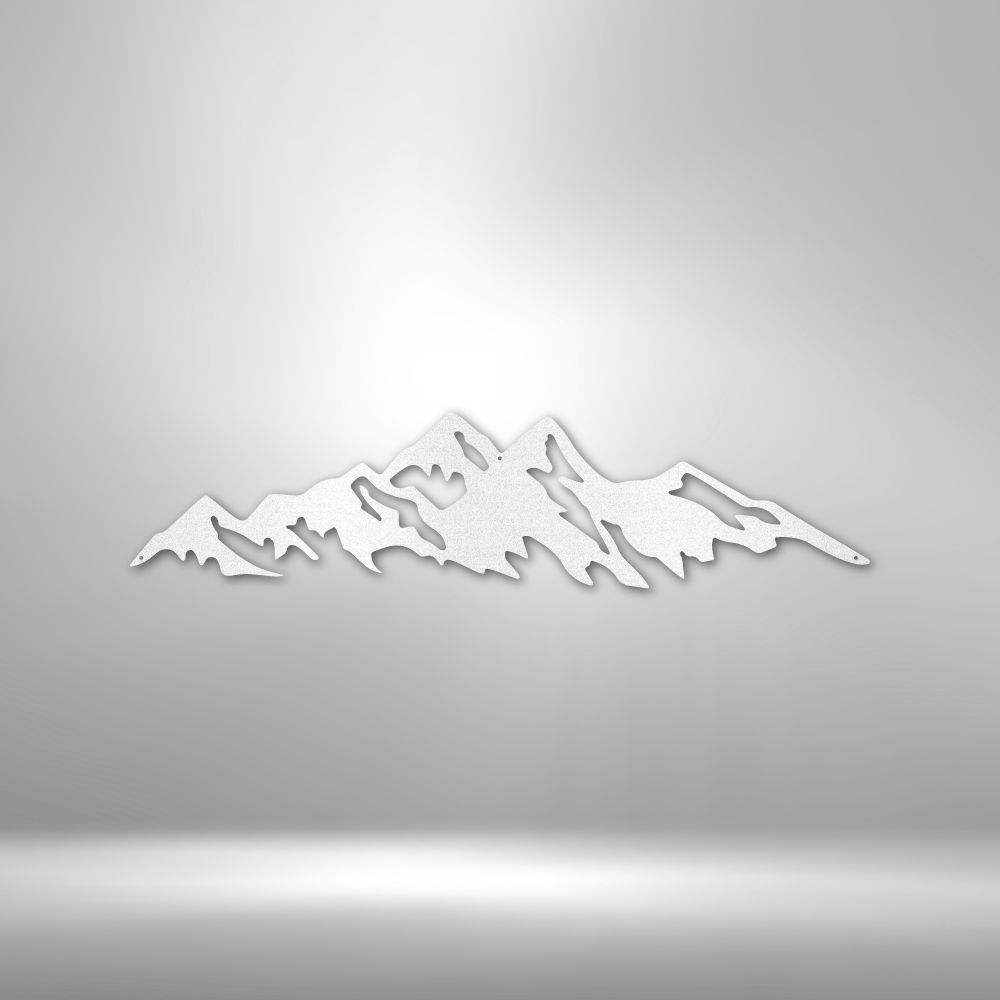 Stylized white outline of a mountain range.