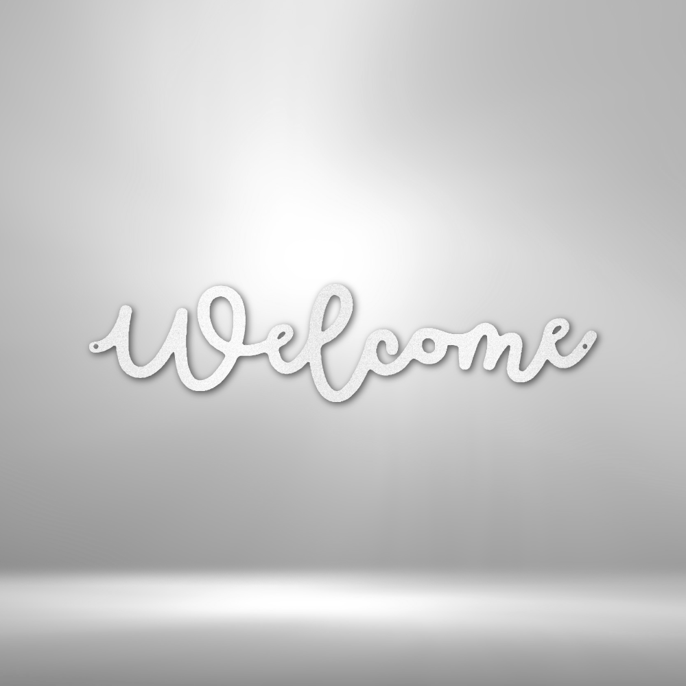 Cursive white text spelling out ’Welcome’ in a flowing script style.