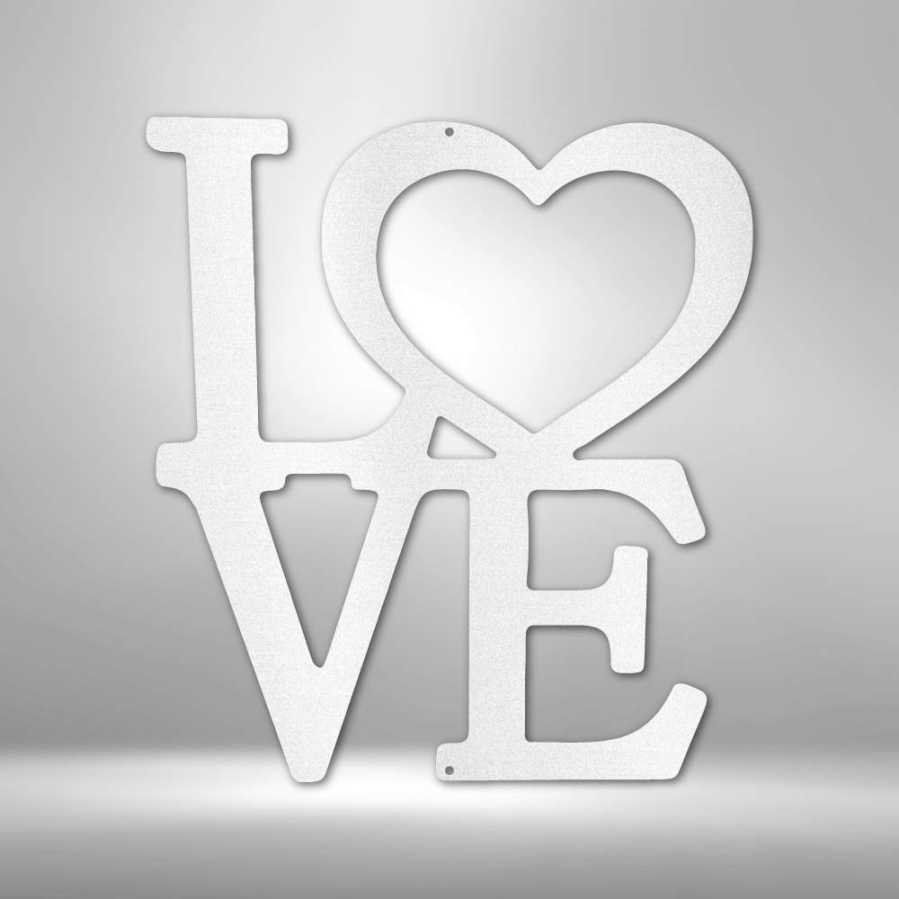 White ’LOVE’ sign with a heart symbol replacing the letter O.