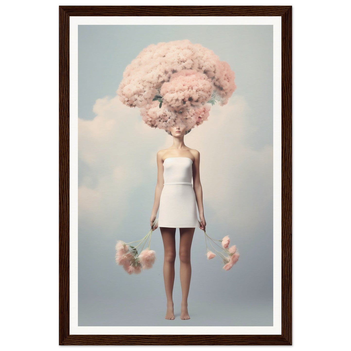 Surreal figure with a cloud-like pink cotton candy head wearing a white mini dress.