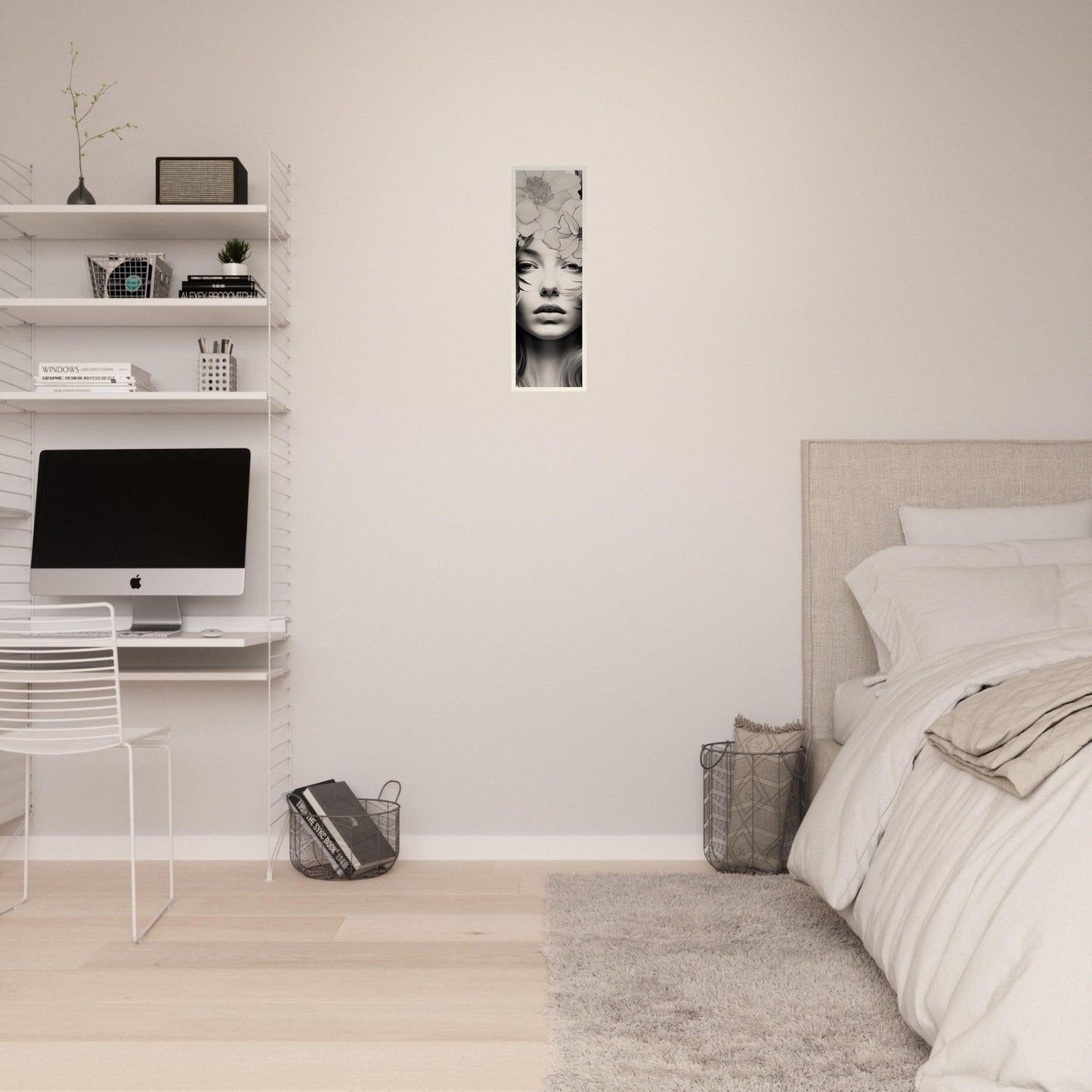 A white bedroom with a bed, desk and computer