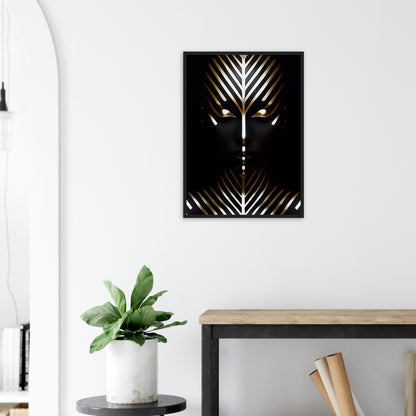 Abstract geometric artwork featuring symmetrical white lines on a dark background, suggesting a stylized face or mask.