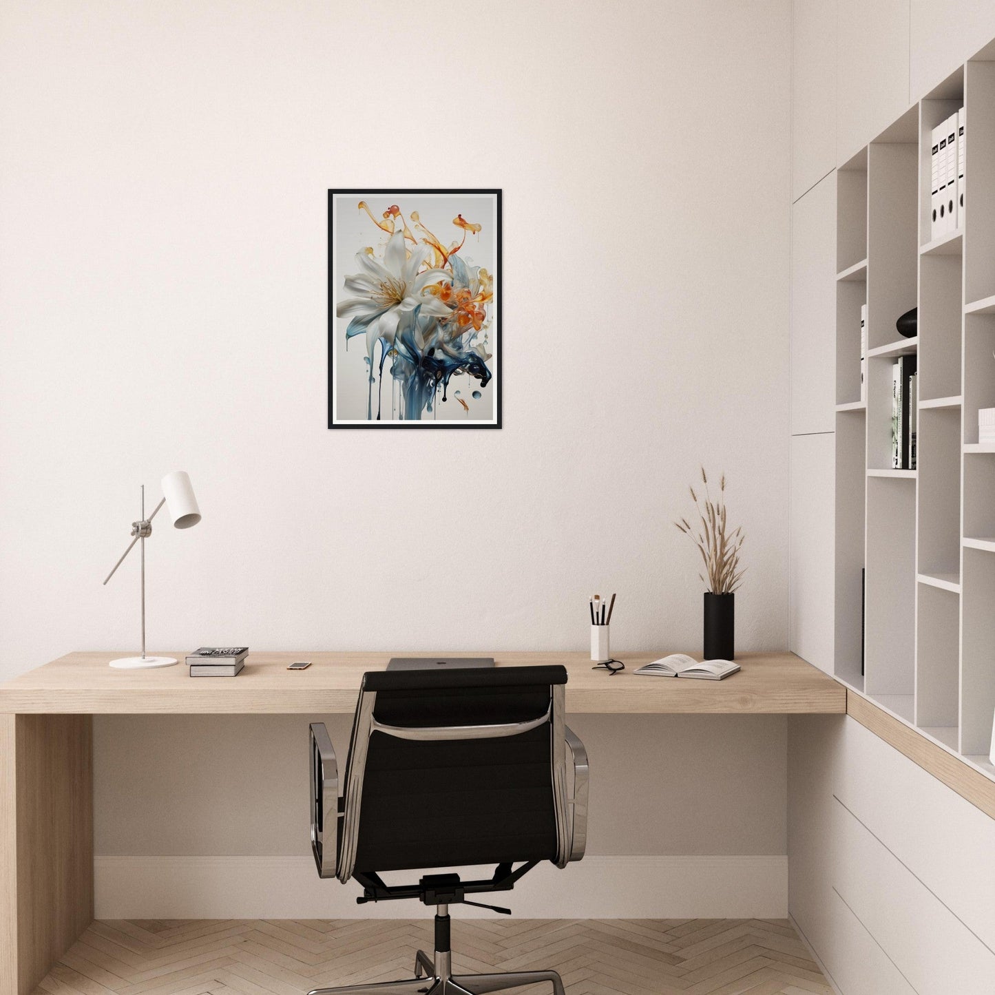 A white and blue flower on a white background framed in a white wall