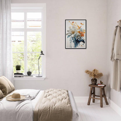 A white and blue flower in a bedroom