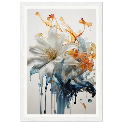 A white and blue flower with a splash of paint