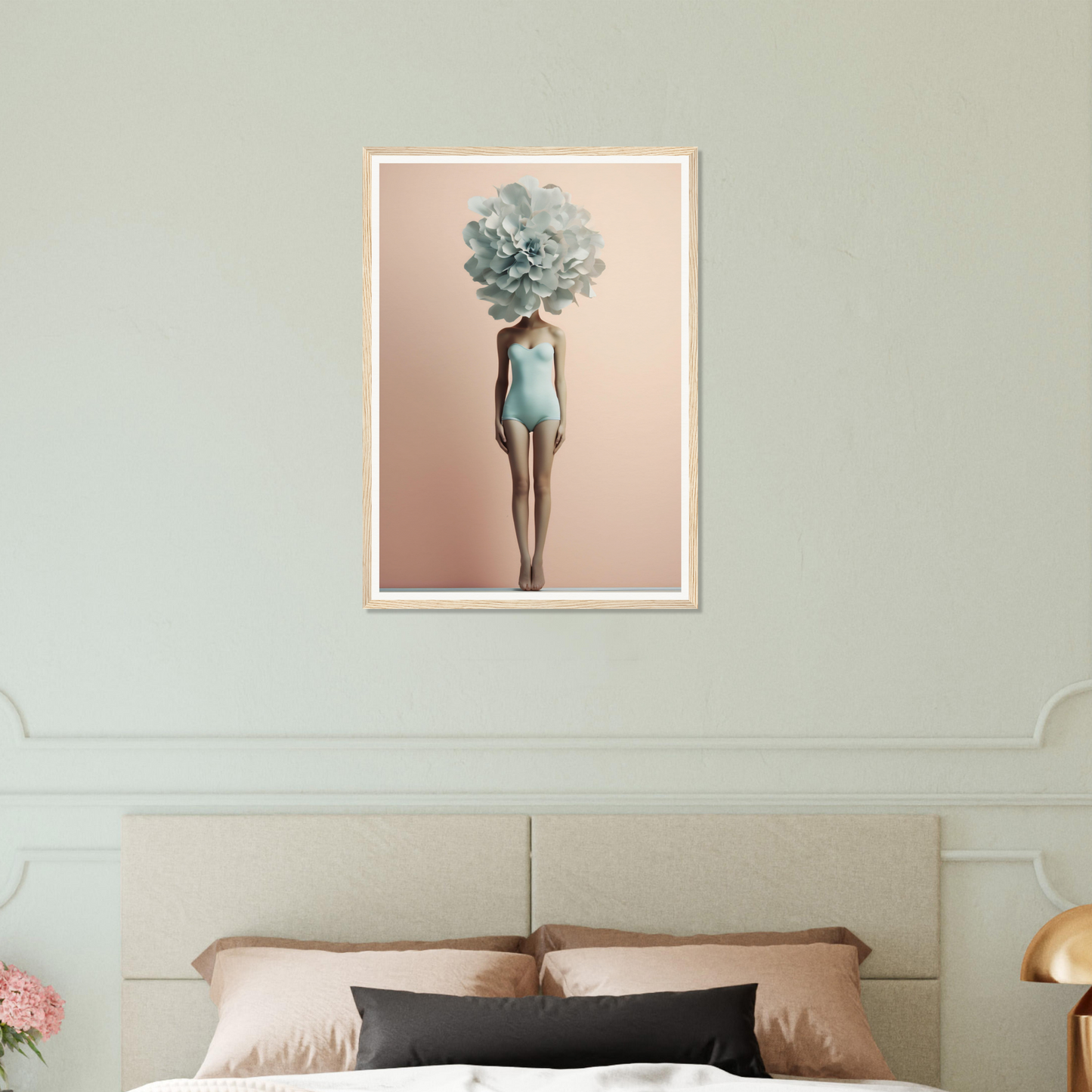 Surrealist artwork depicting a figure with a blue hydrangea flower in place of its head, wearing a pale blue swimsuit.