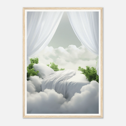 A white curtain is hanging over a bed with a green tree in the background