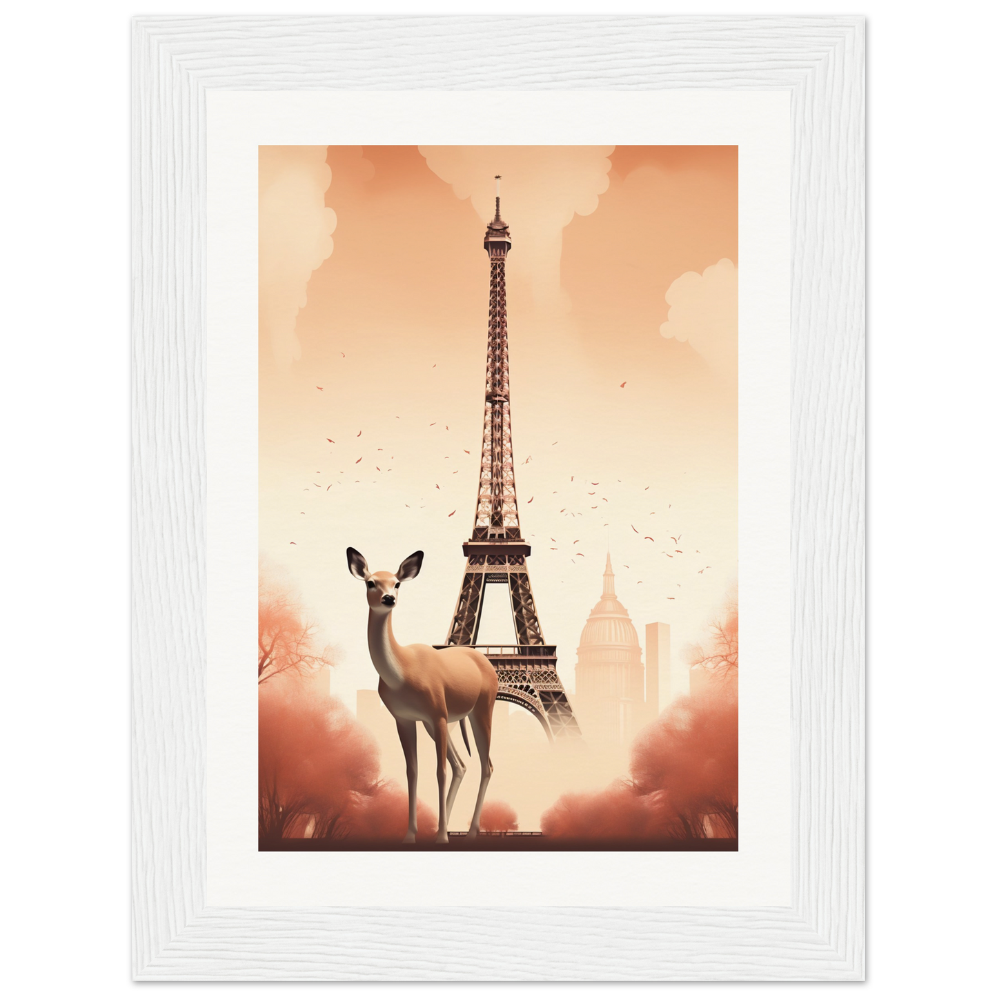 A white deer standing in front of the eiff tower