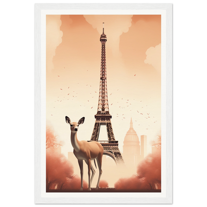 A white deer standing in front of the eiff tower