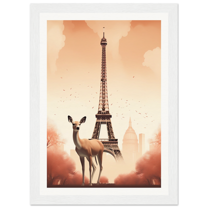 A white dog standing in front of the eiff tower