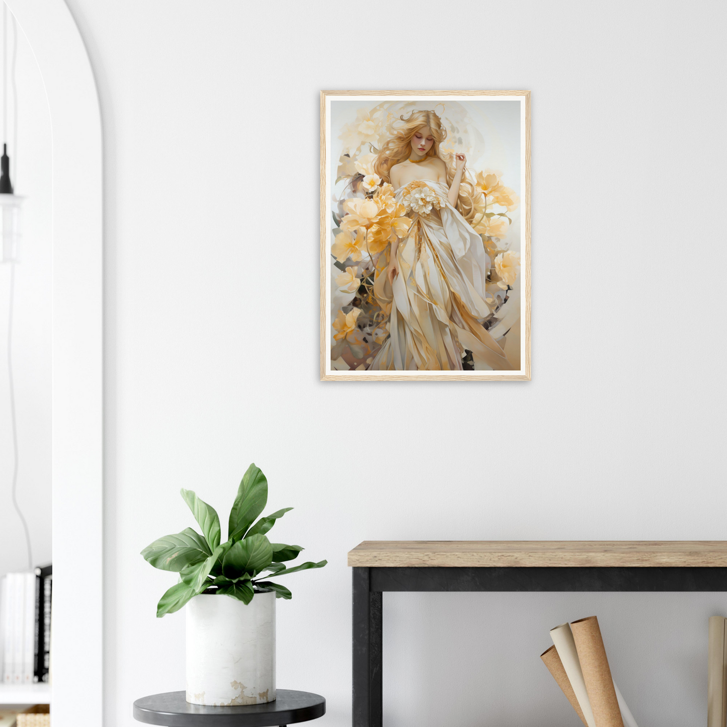 Framed painting of a woman in a flowing white dress surrounded by yellow flowers.