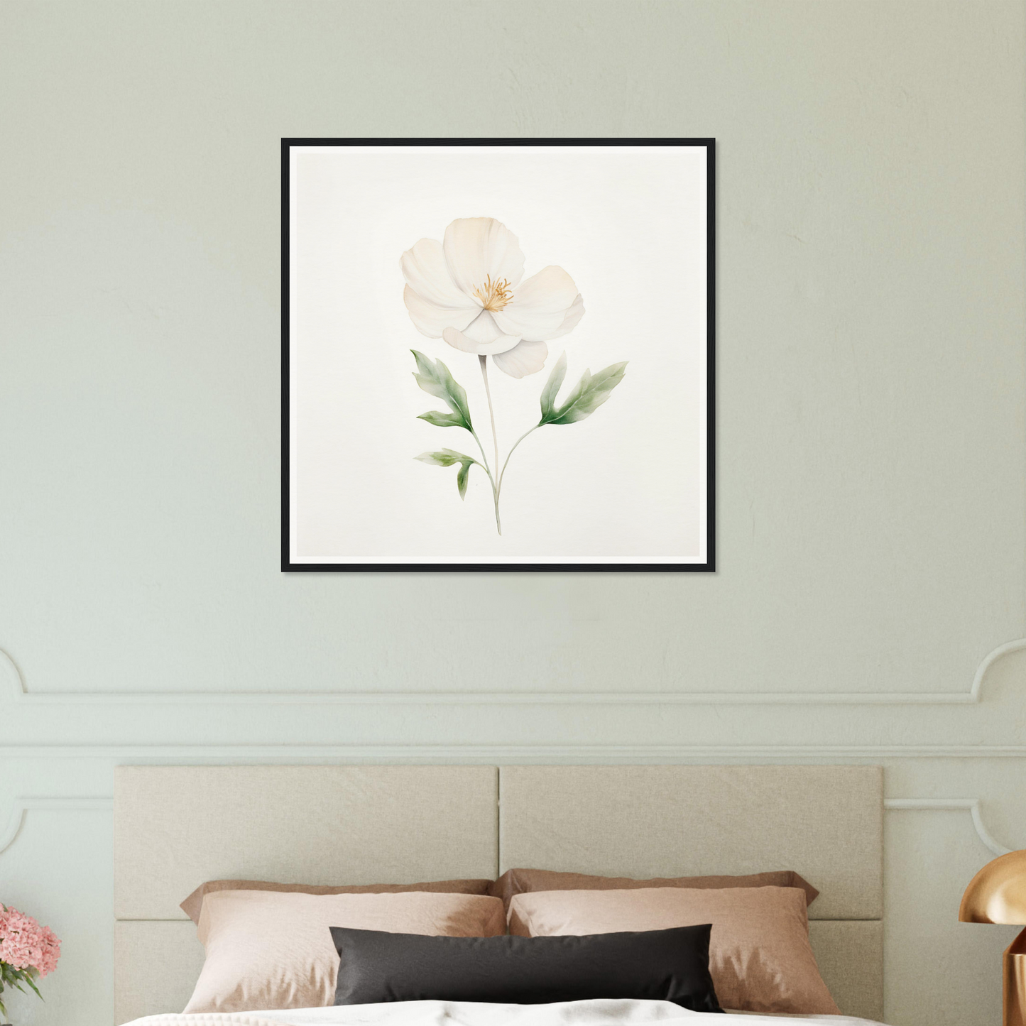 A white flower on a white background in a bedroom