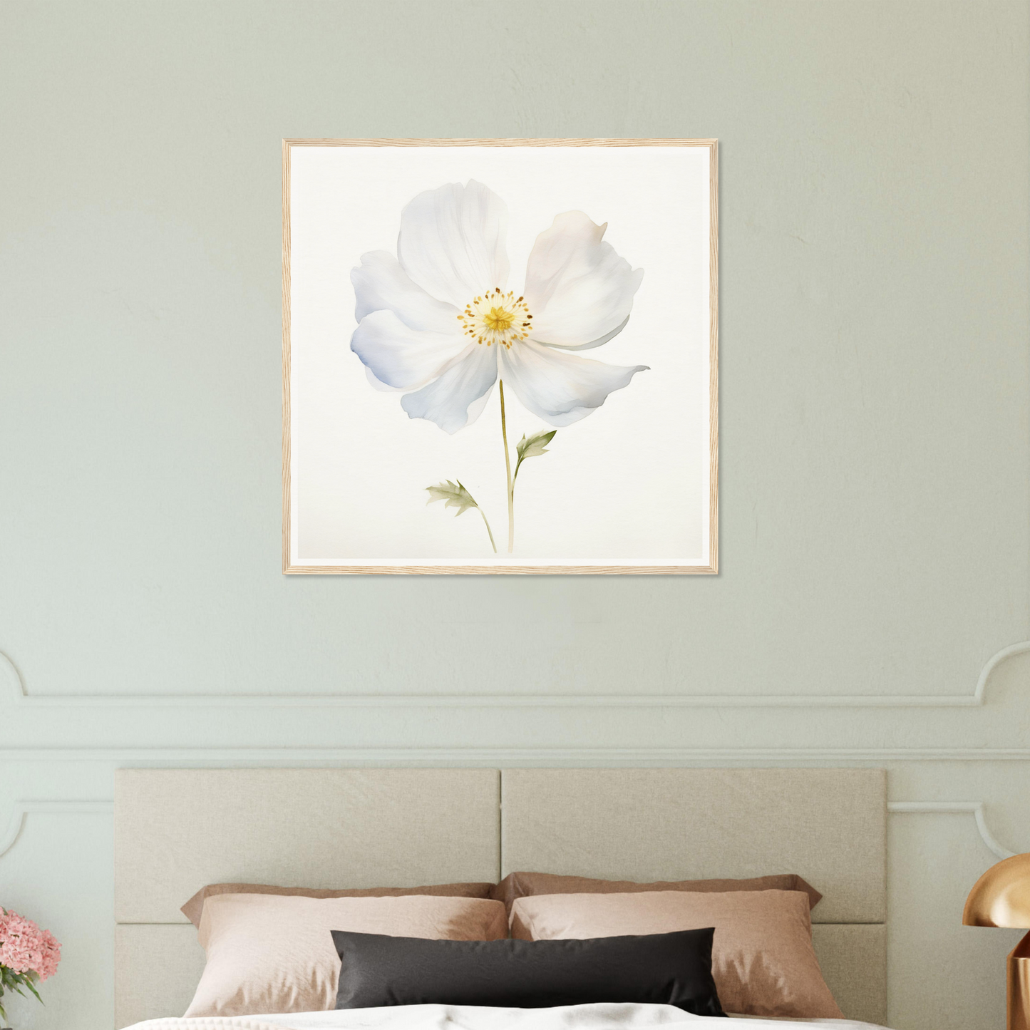 A white flower on a white background in a bedroom