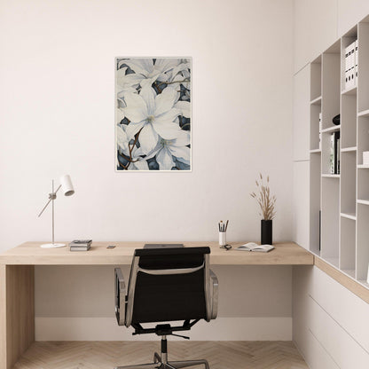 A white flower on a black and white background in a modern office