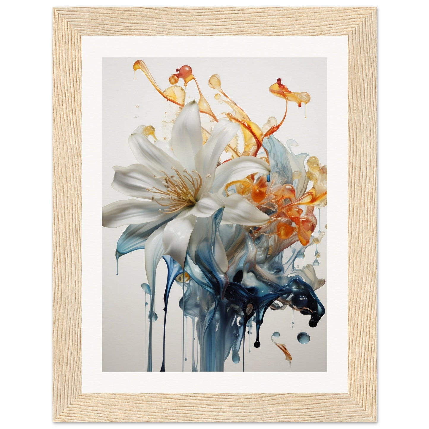 A white flower with blue and orange paint in a wooden frame